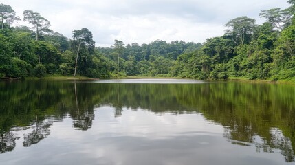 Obraz premium Serene lake reflecting lush green tropical forest