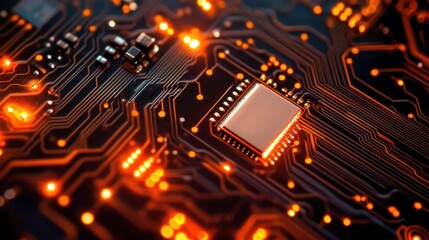 Illuminated CPU on circuit board, technology background, data processing, digital future