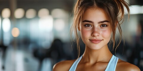 A fit and smiling fitness trainer in a modern gym, symbolizing health and empowerment. Ideal for fitness, health, and motivational content.