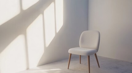 Sunlight illuminates minimalist chair in corner room, design concept