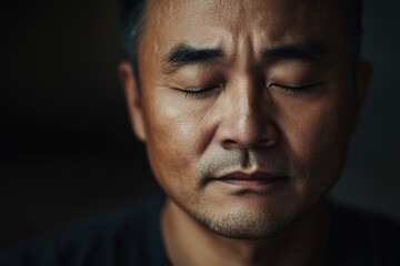 Fototapeta premium Man maditating, breathing and relax with peace in nature for exercise, asian middle aged male person, workout or zen for mental wellness.