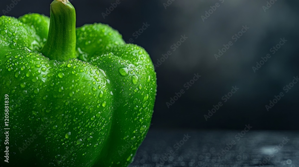 Poster close-up view of a fresh green bell pepper adorned with dewdrops, resting on a textured gray surface