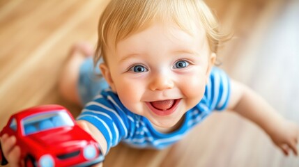 Fototapeta premium Happy Baby Playing with Toy Car Indoors