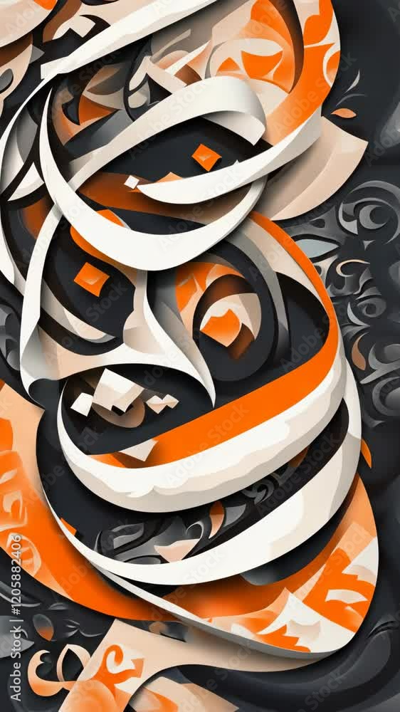 Poster abstract orange and white patterns swirl in a creative design with dark background showcasing artist