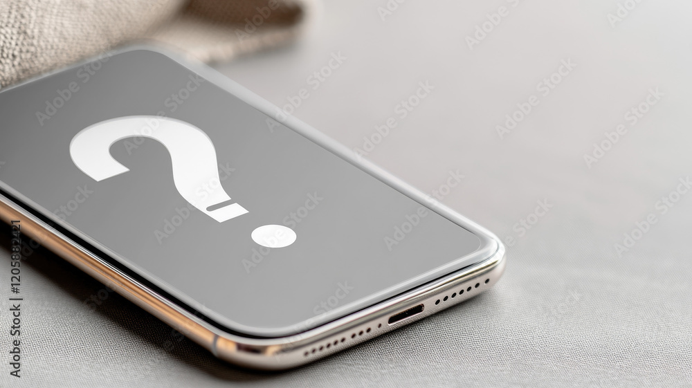 Poster modern smartphone on table with question mark displayed its screen