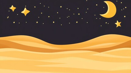 Naklejka premium Night desert landscape, crescent moon, stars, sand dunes, background illustration