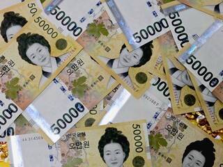 한국 돈, 오만원 지폐, 흰 색 배경에 가득 놓인 여러 장의 화폐	

