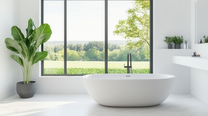 A contemporary bathroom with a large panoramic window offering a view of nature outside. The space includes a freestanding bathtub next