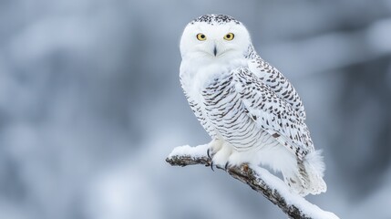 Fototapeta premium Snowy owl perched on a frosty branch, a winter portrait.