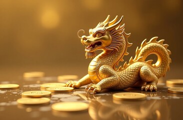 Fototapeta premium Chinese New Year symbol golden dragon statue with gold coins for well-being, success, prosperity on the shore of a sacred lake on a golden background with space for text. Horizontal concept of a gift