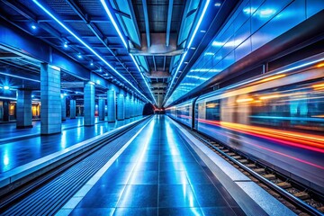 Fototapeta premium Dynamic Light Trails: Empty Underground Metro Station at Night - Blue Illumination Long Exposure Drone Shot