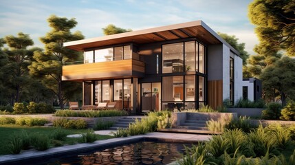 Fototapeta premium Modern Two Story House With Pool And Lush Landscaping