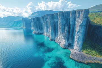 Majestic cliffs rise above turquoise waters in a stunning coastal landscape