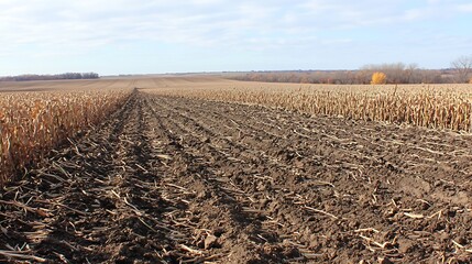 Agricultural field with harvested corn stalks and plowed soil under a blue sky