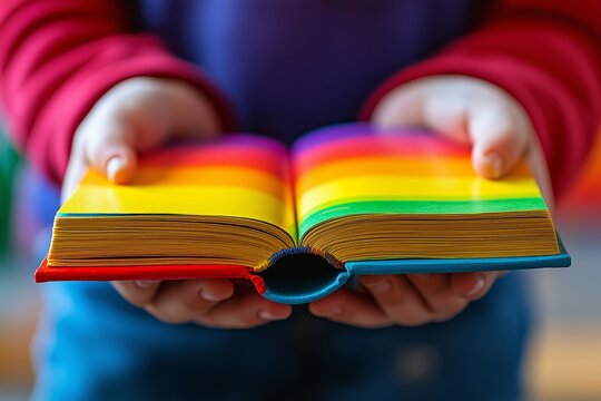 In a vibrant school classroom scene, a child holds a rainbow-colored book, celebrating inclusivity for World Down Syndrome Day with joy and pride.