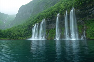 Majestic waterfalls cascade into serene lake surrounded by lush greenery in a tranquil landscape