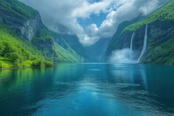 Majestic waterfall cascading into serene blue fjord surrounded by lush green mountains in Norway