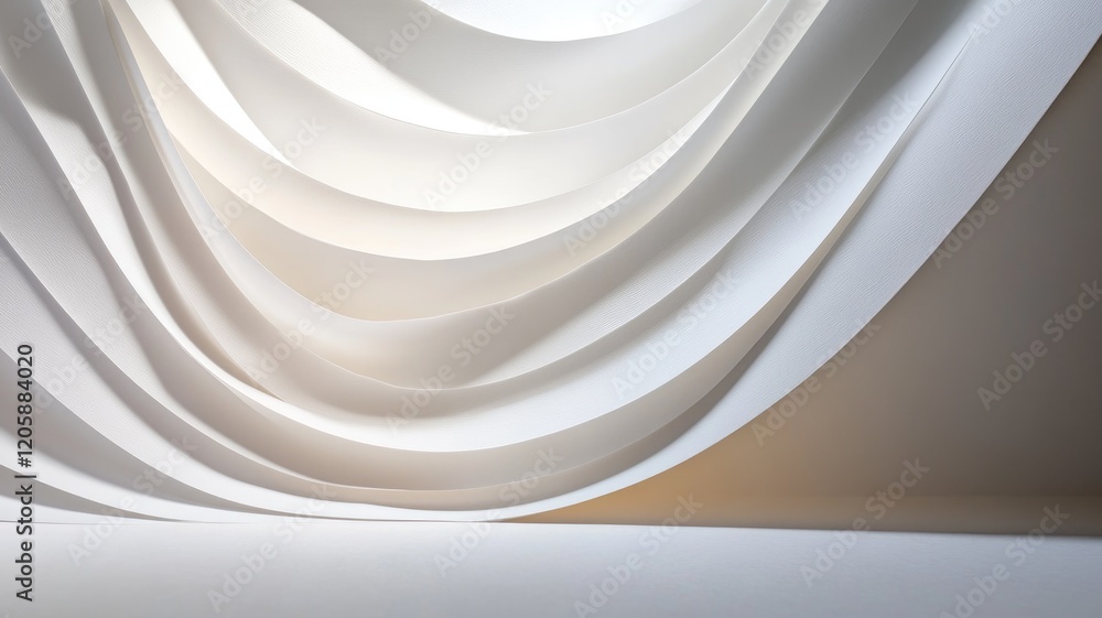 Poster white abstract layered paper or fabric waves creating soft, flowing pattern in modern minimalist des