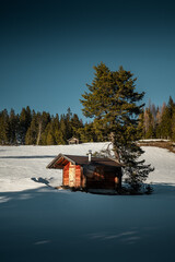 Kleine Holzh&uuml;tte am Waldrand im Schnee