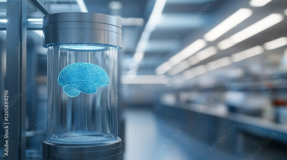 Poster glowing blue ai brain suspended in a glass jar filled with mist, surrounded by metallic panels and b