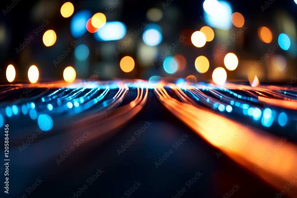 Aufkleber A close-up view of interconnected circuit lines illuminated with blue and orange lights pulsating against a dark backdrop, featuring an area for text