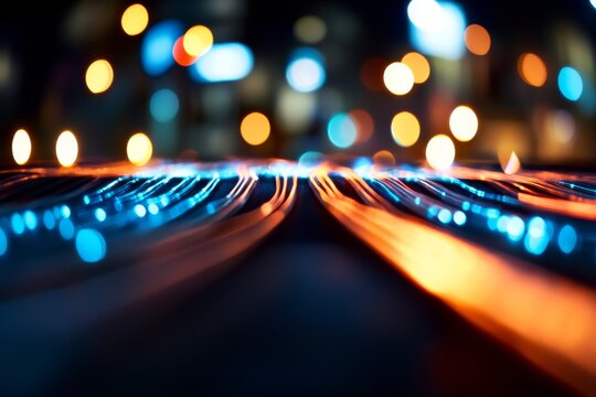 A close-up view of interconnected circuit lines illuminated with blue and orange lights pulsating against a dark backdrop, featuring an area for text