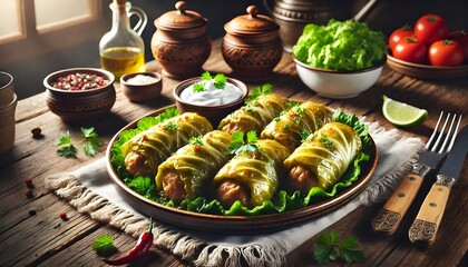 A traditional Romanian dish of sarmale. Cabbage rolls, made with a filling of minced meat, rice and spices, wrapped in sour cabbage leaves.