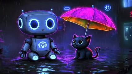Robot and cat under an illuminated umbrella in a rainy futuristic setting