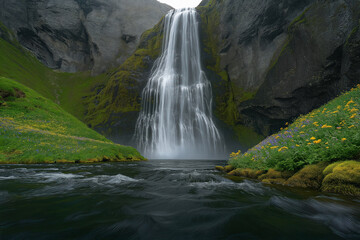 Majestic waterfall cascading down rocky cliffs surrounded by lush greenery in a serene natural...