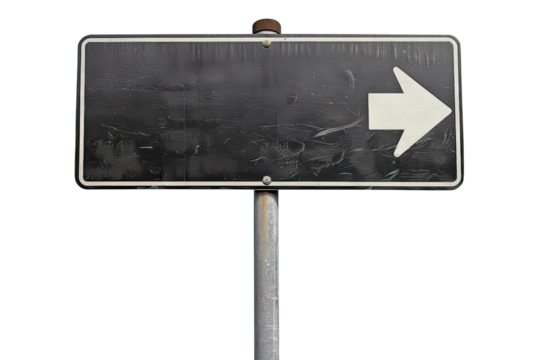 A worn road sign with an arrow pointing right stands alone on a rural road, beckoning travelers to embark on new journeys and experiences in the countryside - Powered by Adobe