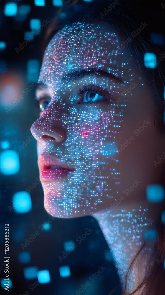 Poster female silhouette backlit, digital matrix overlaying facial features, representing technological tra
