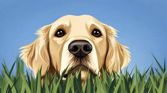 Golden retriever with expressive eyes peering through grass under a blue sky