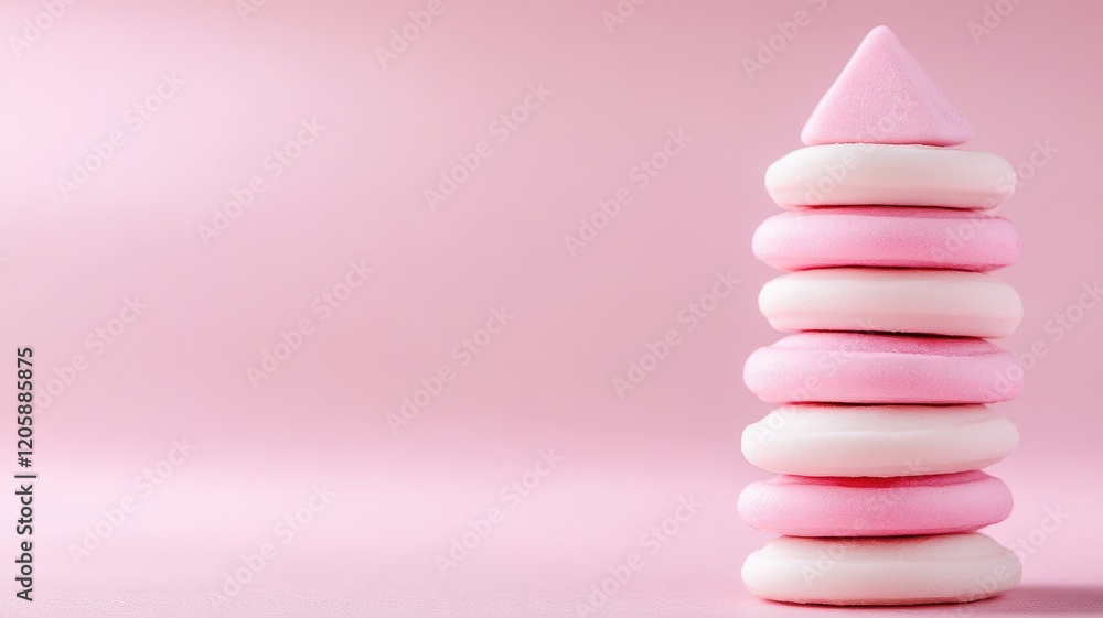 Poster symmetrical stack of round pink and white marshmallows on soft background