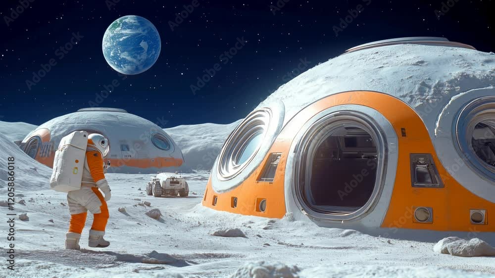 Poster astronaut exploring lunar habitat with earth visible in the background