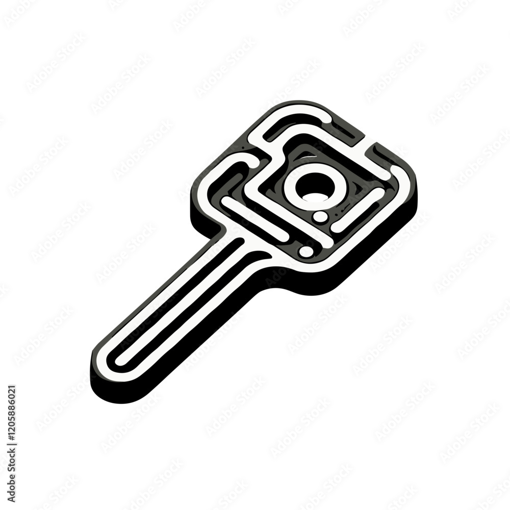 Poster minimalistic black-and-white line art icon of digital key designed in clean professional vector styl