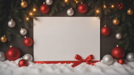 Christmas greeting card with festive decorations and snow for holidays greetings