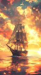 Obraz premium Ship sailing into the sunset 