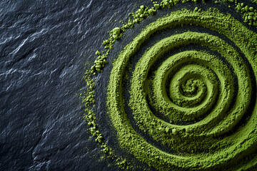 Bright green matcha powder arranged in spiral on dark surface