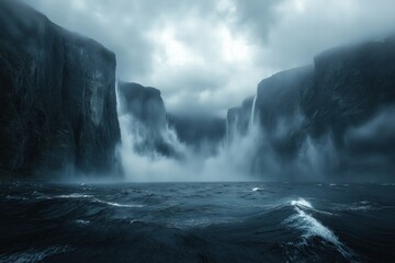 Dramatic coastal cliffs and cascading waterfalls under stormy skies at dusk