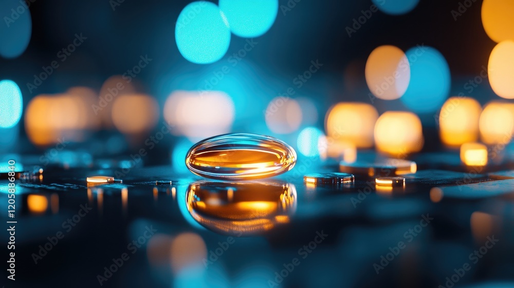 Poster close-up of shiny capsule on reflective surface with colorful blurred lights in background