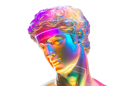 colorful digital bust with holographic effects and classical features