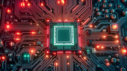 A high-tech circuit board with a glowing central processing unit, bathed in bioluminescent, soft pastel colors.