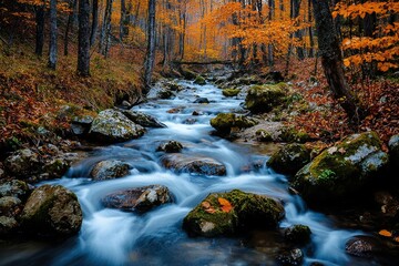 Photo of a stream flowing through the forest, with rocks and moss in its bed
