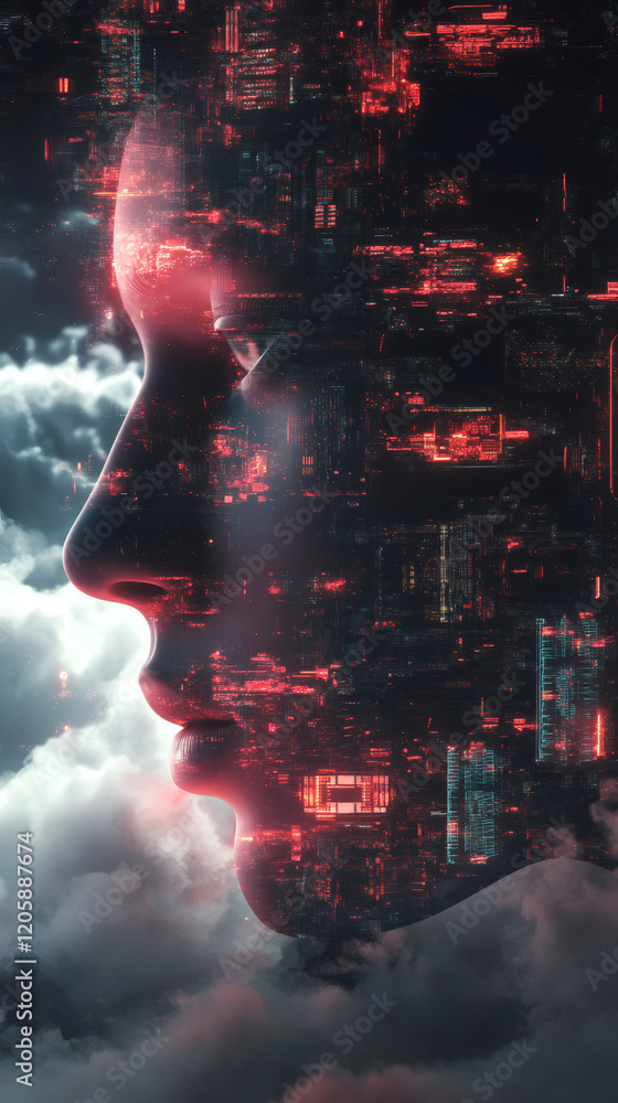 Aufkleber Facial profile blending with digital circuits, binary data against misty background, representing technological human-machine convergence