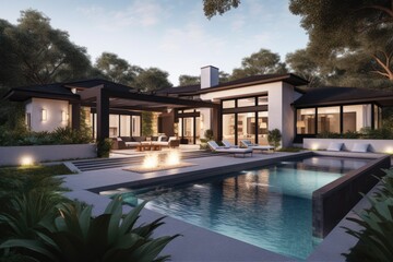 Fototapeta premium Modern House With Pool And Outdoor Living Area