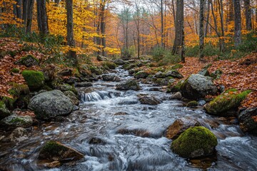 Photo of a stream flowing through the forest, with rocks and moss in its bed
