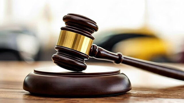 Judge's gavel resting on wooden sound block in a courtroom setting during a legal proceeding