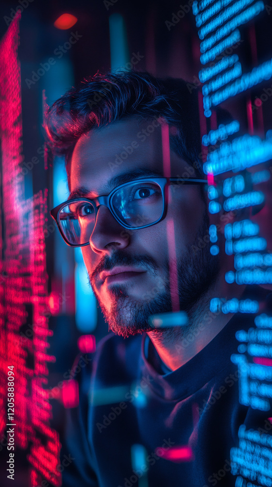 Poster portrait of a software developer analyzing holographic futuristic source code and software, working 