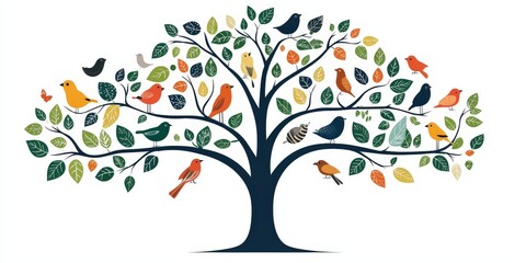 A colorful illustration of a tree with various birds perched among its leaves, symbolizing nature and wildlife.