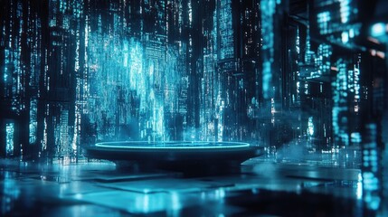 Futuristic Digital Cityscape with Illuminated Platform